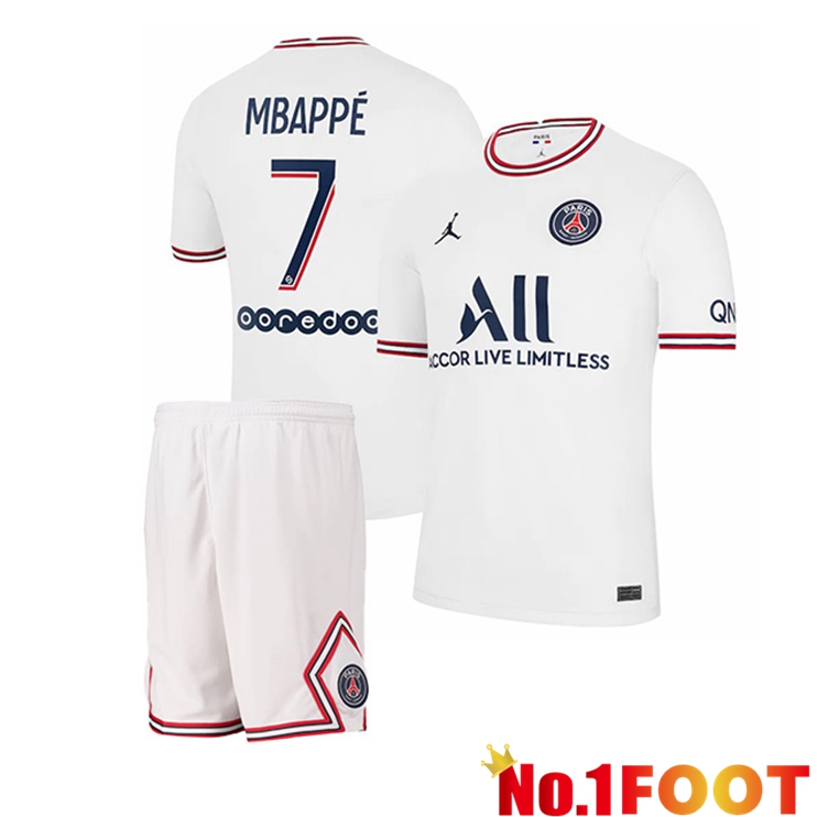 Jordan PSG (Mbappé 7) Kids Fourth Jerseys White 2021-2022