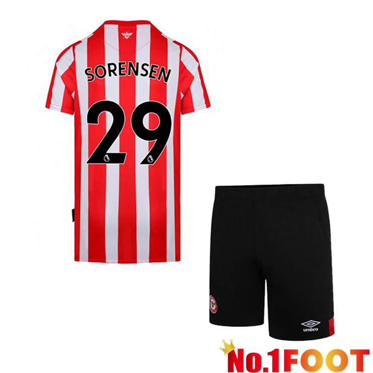 Brentford FC (SORENSEN 29) Kids Home Red White Jersey 2022/2023