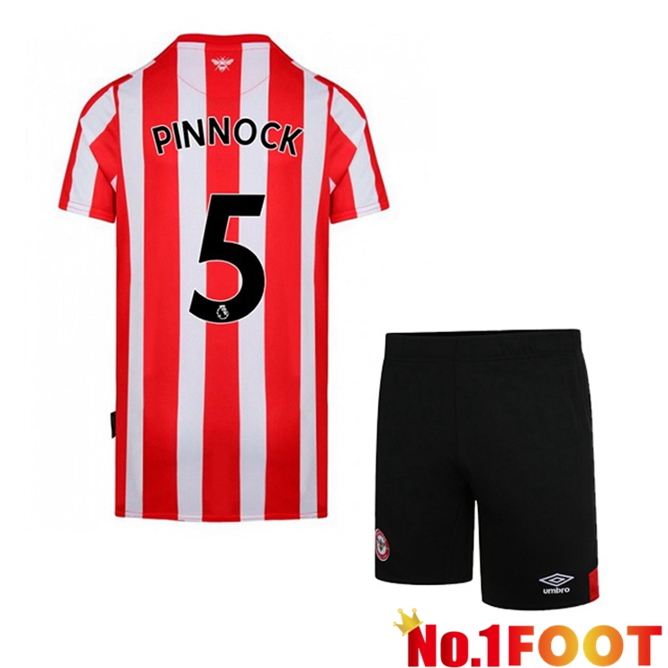 Brentford FC (PINNOCK 5) Kids Home Red White Jersey 2022/2023