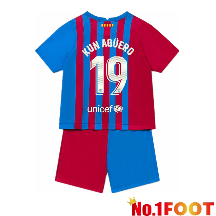 FC Barcelona (KUN AGUERO 19) Kids Home Jersey Red/Blue 2021/2022