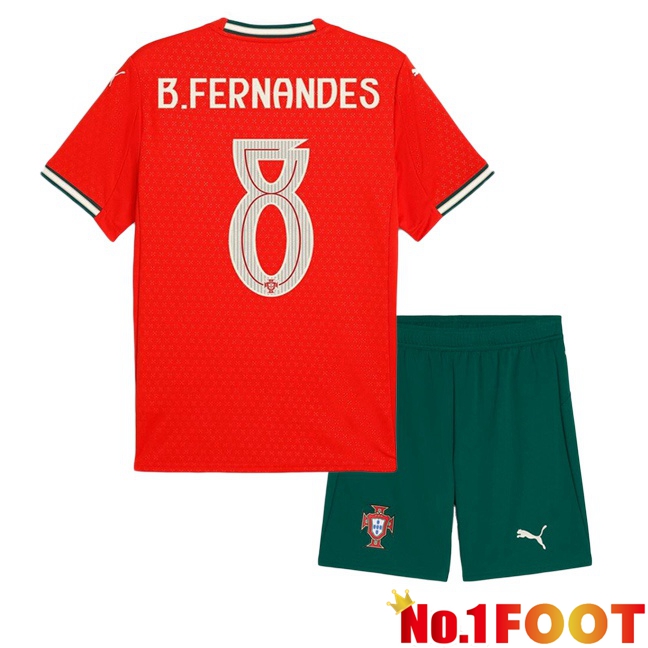 Portugal (B. FERNANDES 8) Kids Home Soccer Jersey Red 2025/2026